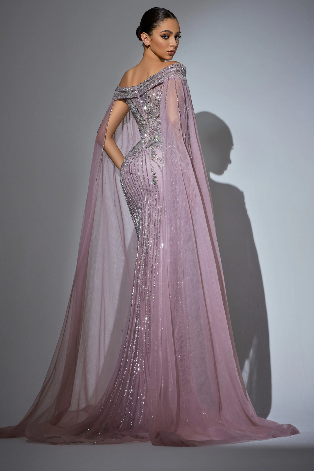Pink Sequin Off-Shoulder Evening Gown with Crystal Beaded Detailing – Embellished Designer Gown with Flowing Sheer Train Plus Size