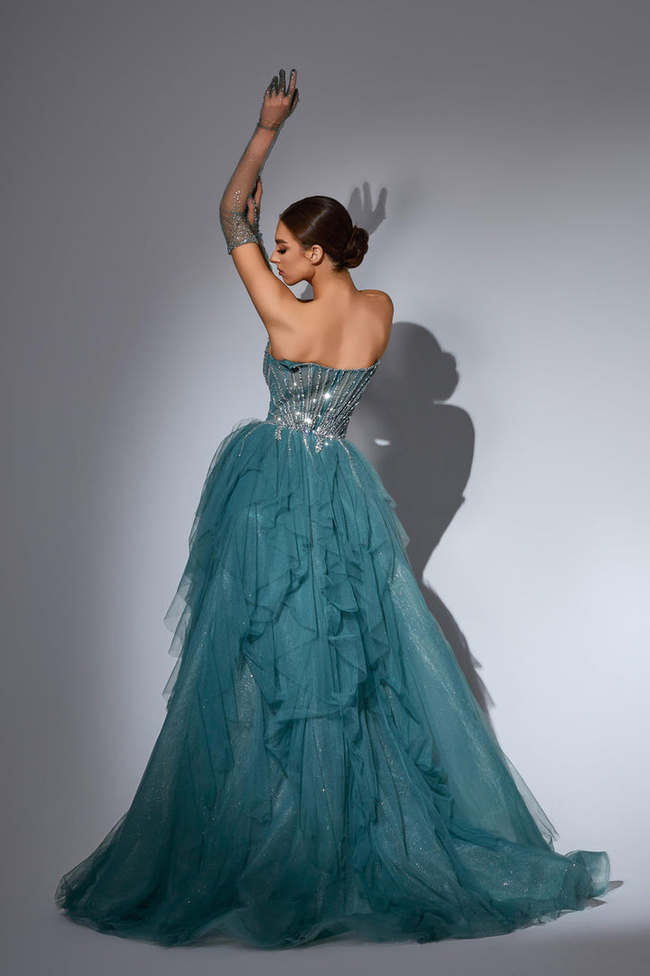 Champagne Sequin Dress with Strapless Bodice and Overskirt – Strapless Glitter Dress with Tulle Plus Size
