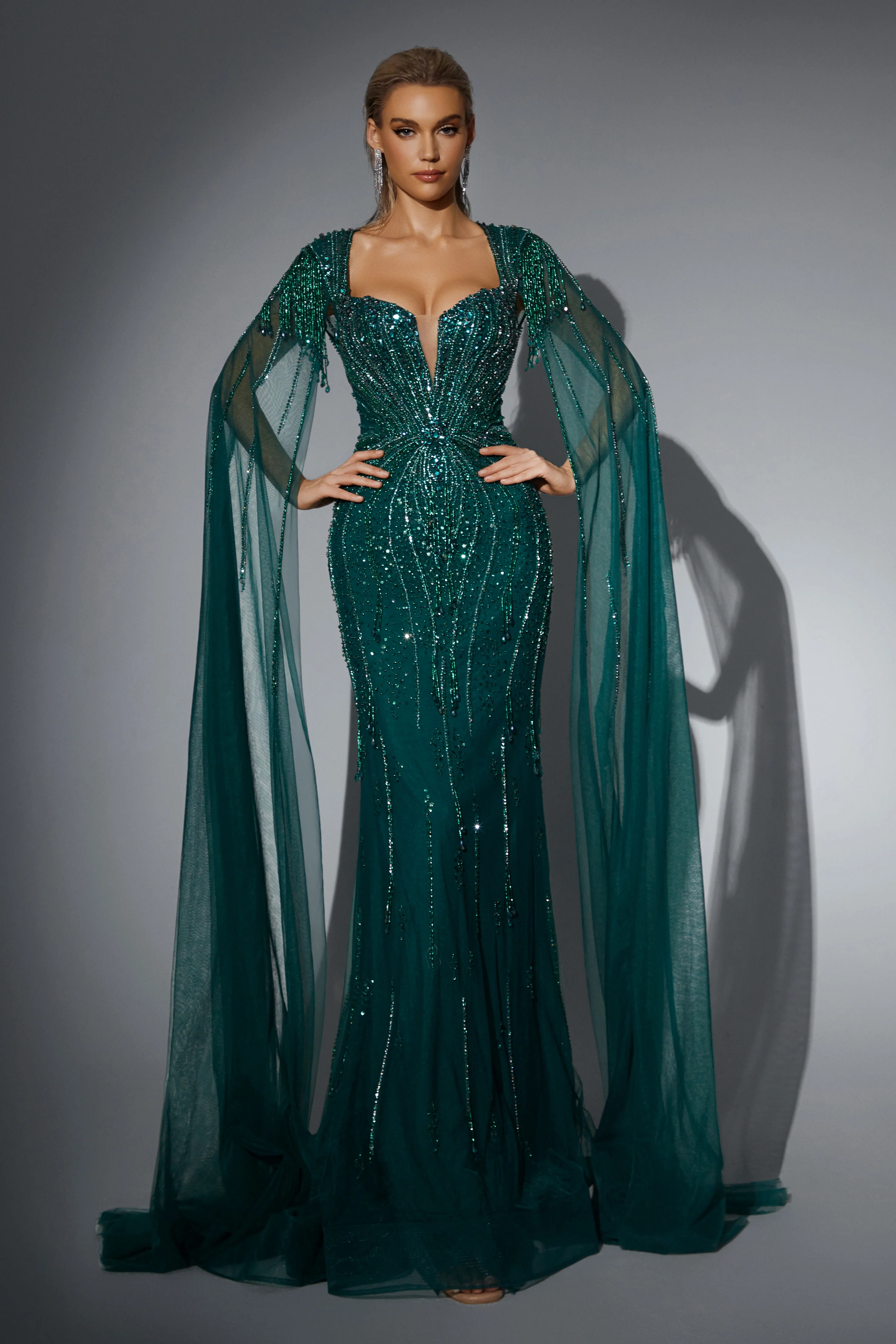 Gothic Emerald Green Sequin Evening Gown with Cape Sleeves - Glitter M WonderlandByLilian Gothic Emerald Green Sequin Evening Gown with Cape Sleeves - Glitter M WonderlandByLilian