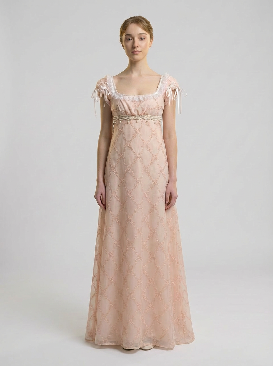 Regency Era Blush Pink Embroidered Tulle Empire Waist Dress Bridgert WonderlandByLilian Regency Era Blush Pink Embroidered Tulle Empire Waist Dress Bridgert WonderlandByLilian