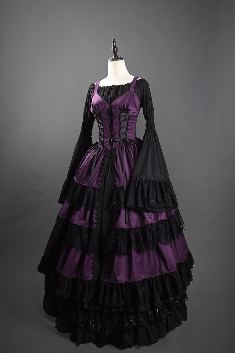 Victorian-Inspired Gothic Purple and Black Lace Ball Gown with Corset Bodice – Layered Satin Evening Dress Plus Size