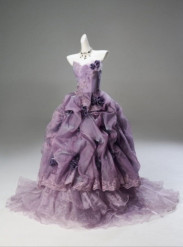 Romantic Lavender Purple Tiered Gown with Floral Appliqué –  Strapless Evening Dress with Corset Back and Lace Plus Size