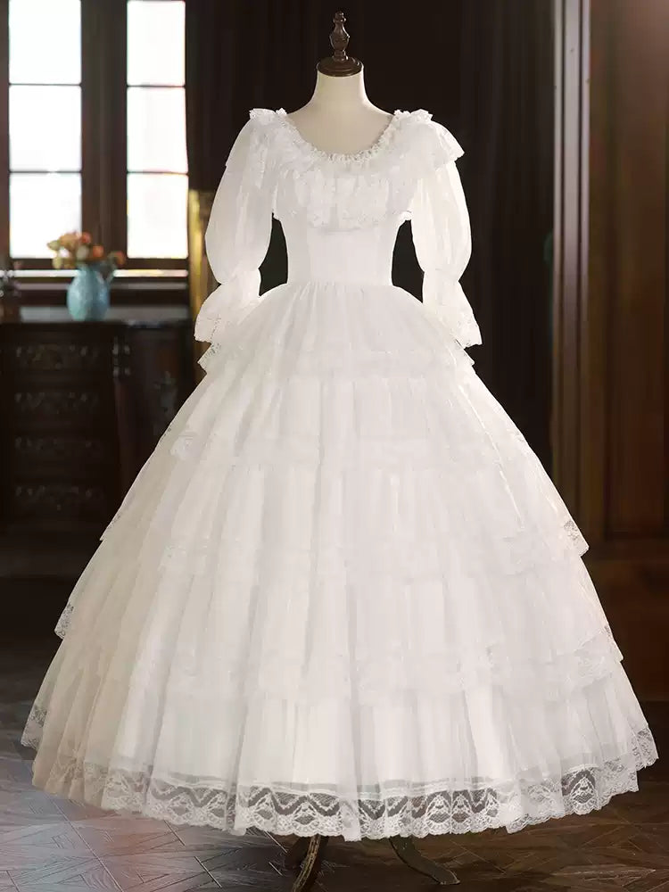 Lace Wedding Dress with Long Sleeves and Corset – Ruffle Layered Wedding Dress with Puff Sleeves Plus Size