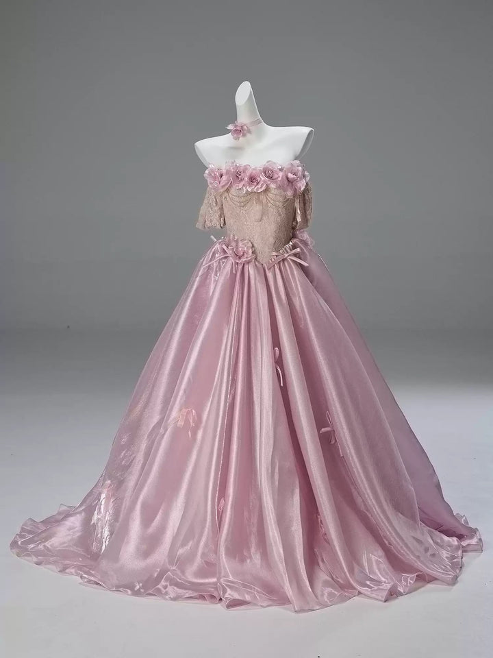 Blush Pink Off-Shoulder Evening Gown with Floral Appliqué – Satin Evening Dress with Lace-Up Back Plus Size