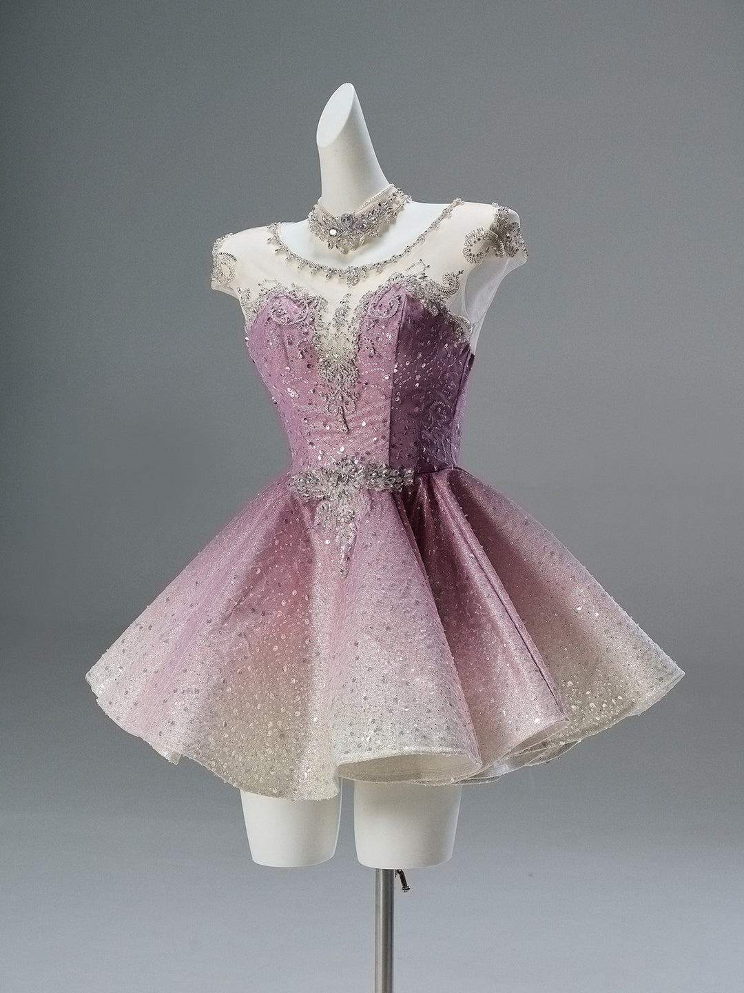 Dusty Rose Pink Short Glitter Dress with Illusion Neckline – Sparkly Sequin Evening Dress with Corset Back Plus Size