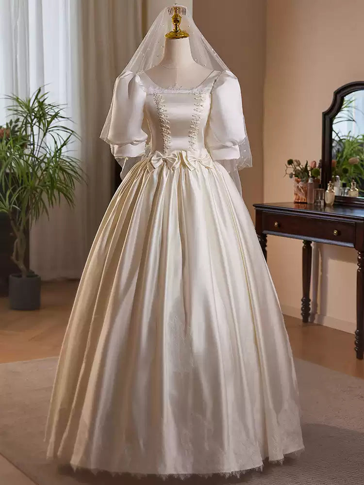 Simple Satin Wedding Dress with Corset – Lace Appliqué Wedding Dress with Bow Detail Plus Size
