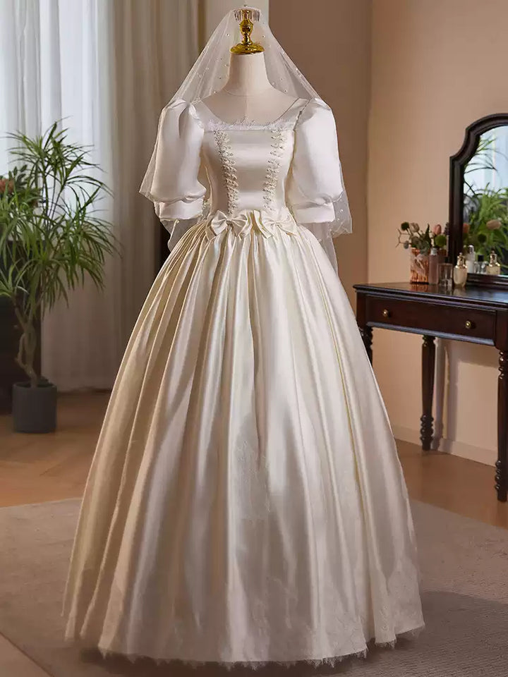 Simple Satin Wedding Dress with Corset – Lace Appliqué Wedding Dress with Bow Detail Plus Size