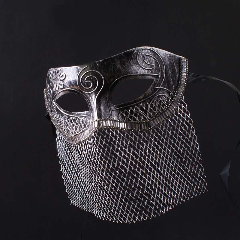 Vintgae-Inspired Medieval Silver Masquerade Mask – Masquerade Partymardi Gras Mask with Engraved Metal Design and Mesh Veil