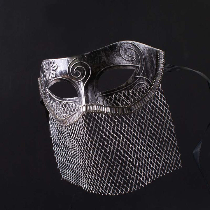Vintgae-Inspired Medieval Silver Masquerade Mask – Masquerade Partymardi Gras Mask with Engraved Metal Design and Mesh Veil