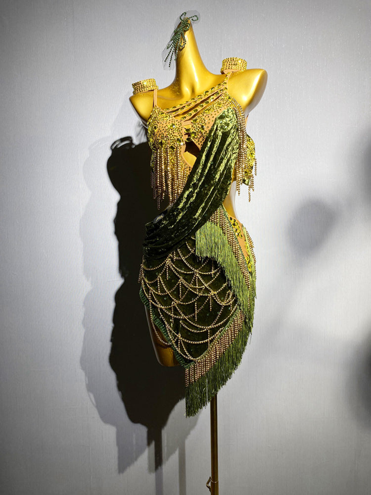 Green Handmade Salsa Dance Costumewith Velvet Drape and Gold Bead Chains – Latin Fringe Dress
