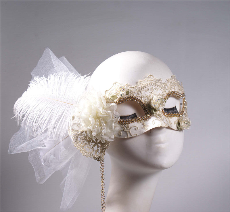 Handmade Gothic Black Feather Mask Masquerade with Flowers - White Ball Lace Face Mask