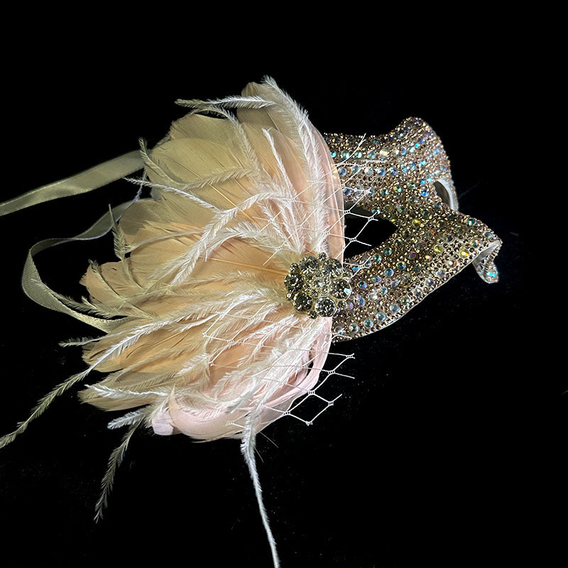 Gatsby Champagne Gold Feather Mask and Prom Mask with Rhinestones – Fancy Mardi Gras Mask with Sequin