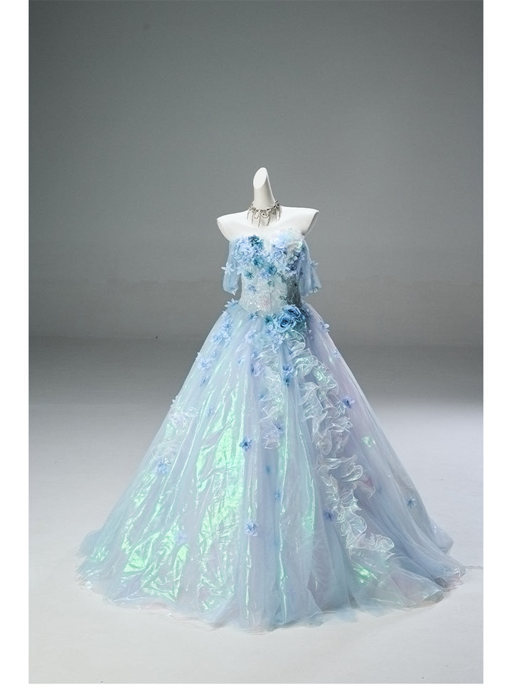 Light Blue Off-Shoulder Evening Gown with Floral Appliqué – Fairy Sparkle Evening Dress with Corset Back Plus Size