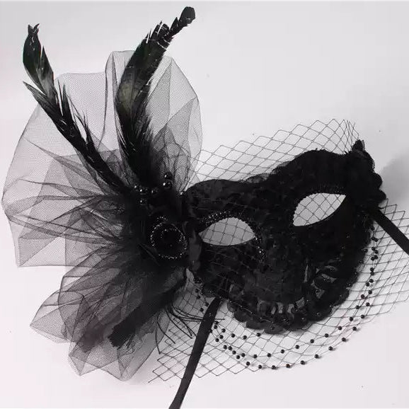 Handcrafted Gothic Black Mardi Gras Mask and Lace Masquerade Mask – Elegant Feather Mask with Veil