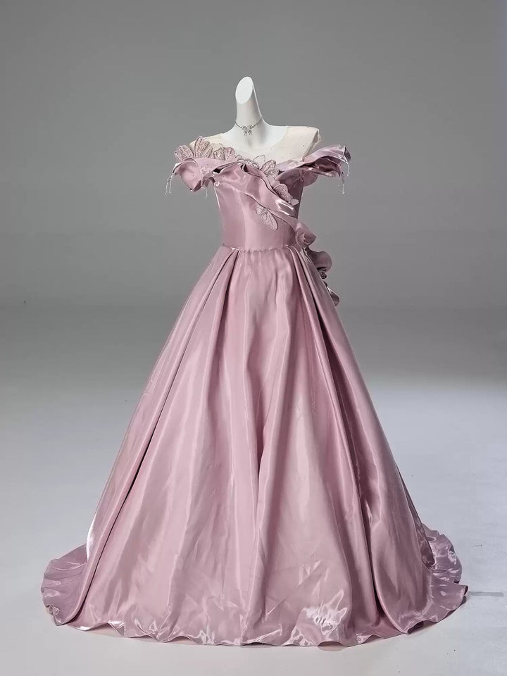 Blush Pink Satin Evening Gown with Leaf Appliqué – Off-Shoulder Evening Dress with Corset Back Plus Size