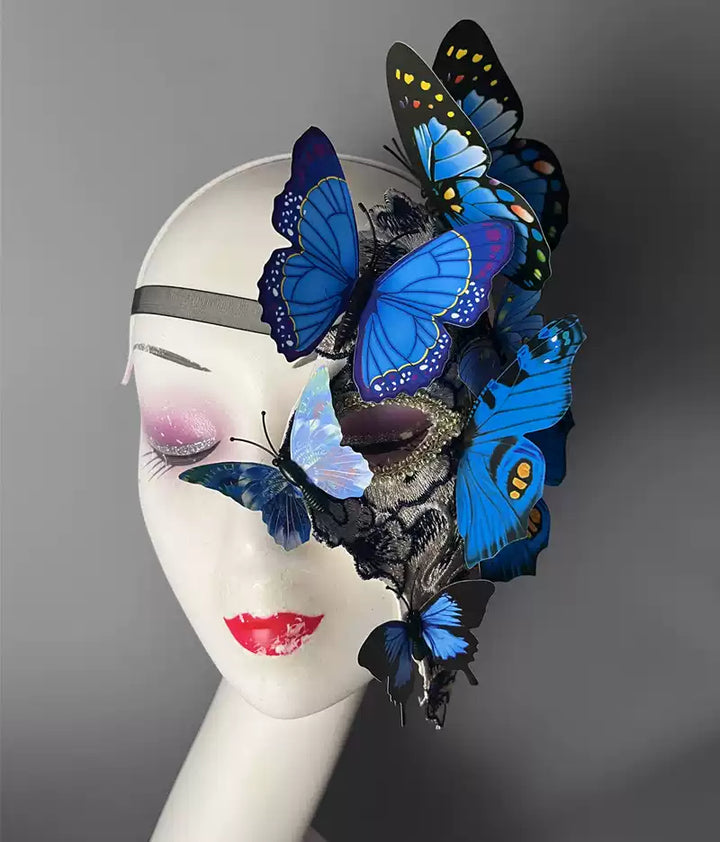 Handmade Fantasy Blue Butterfly Mask and Pretty Masks – Beautiful Masquerade Ball Face Mask with Lace and 3D Butterflies