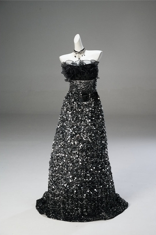 Gothic Black Dsigner Sequin Gown with Ruffled Bodice and Strapless – Black Formal Wear Dresses with Corset Back Plus Size