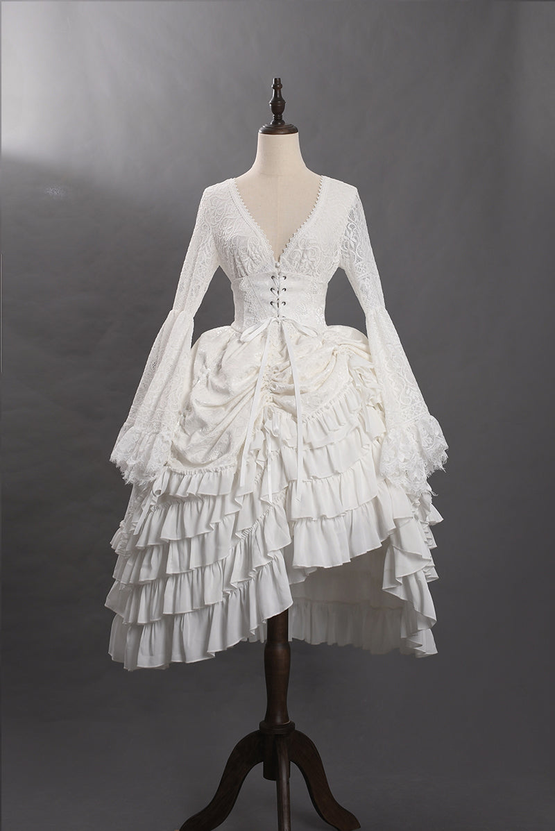 Victorian-Inspired White Lace Corset Dress with Bell Sleeves – Layered Ruffle High-Low Bridal Gown Plus Size