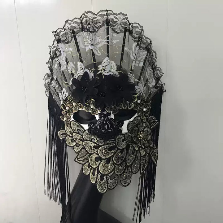 Victorian-Inspired Handmade Gothic Black and Gold Lace Face Mask with Fan Design – Elegant Mardi Gras Mask for Masquerade