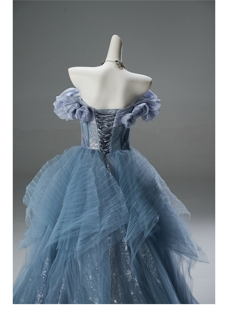 Dusty Blue Off-Shoulder Evening Gown with Floral Appliqué – Sequin Evening Dress with Tulle and Corset Back Plus Size