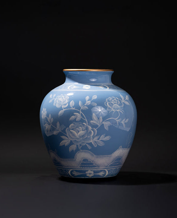 Antique Italian Smoky Blue and White Porcelain Vase with Hand-Painted Floral Motifs and Gilded Rim
