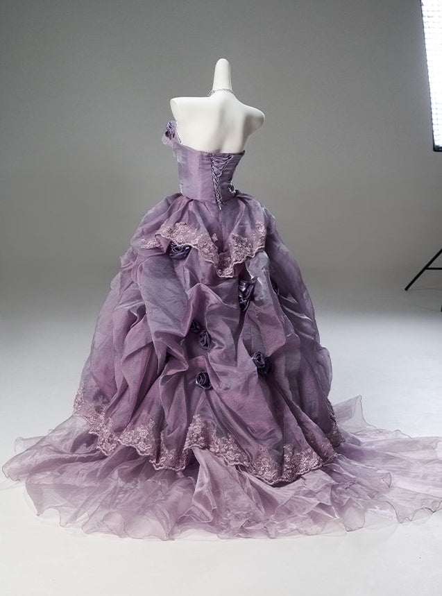 Romantic Lavender Purple Tiered Gown with Floral Appliqué –  Strapless Evening Dress with Corset Back and Lace Plus Size