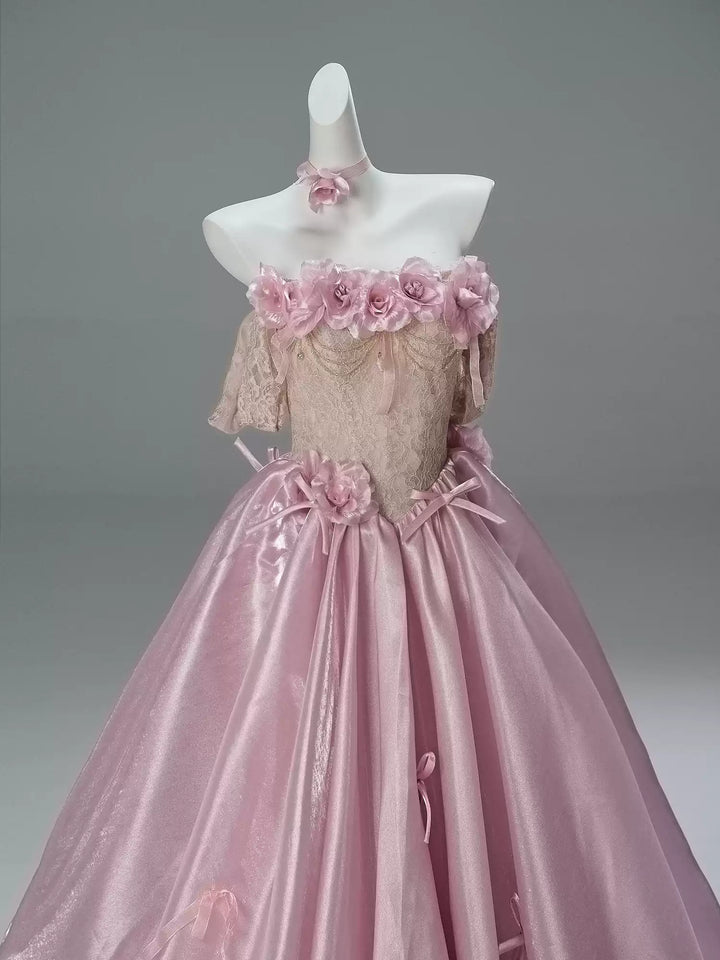 Blush Pink Off-Shoulder Evening Gown with Floral Appliqué – Satin Evening Dress with Lace-Up Back Plus Size
