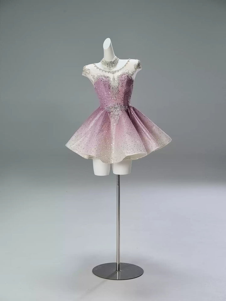 Dusty Rose Pink Short Glitter Dress with Illusion Neckline – Sparkly Sequin Evening Dress with Corset Back Plus Size