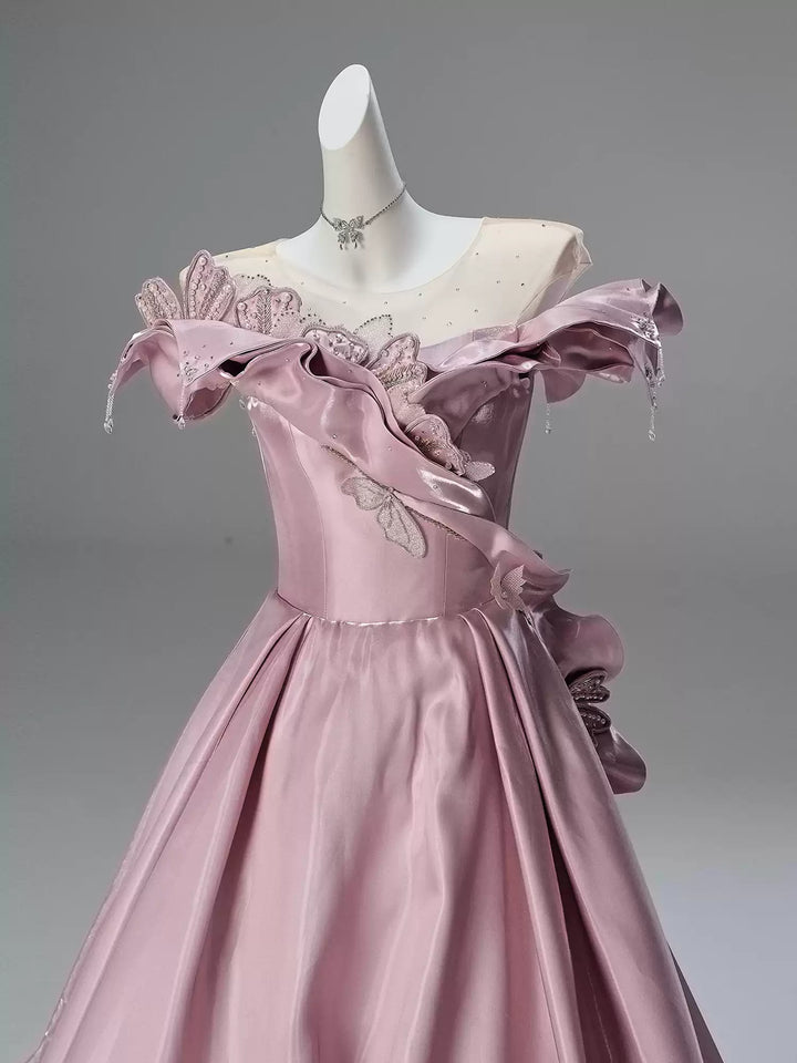 Blush Pink Satin Evening Gown with Leaf Appliqué – Off-Shoulder Evening Dress with Corset Back Plus Size