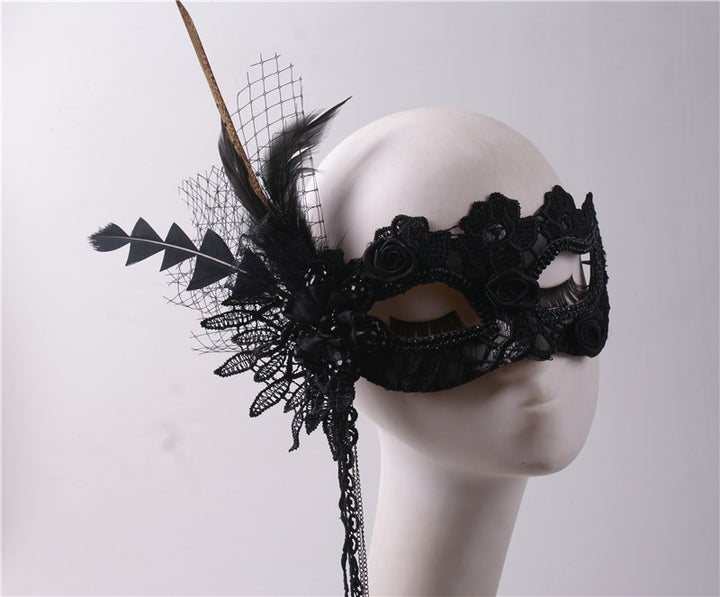 Handmade Gothic Black Feather Mask Masquerade with Flowers - White Ball Lace Face Mask