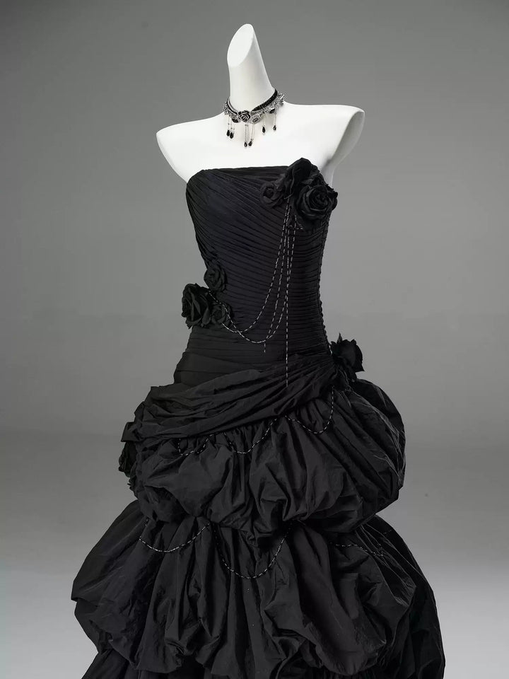 Gothic Black Strapless Evening Dress with Ruffled Skirt – Gothic Victorian Evening Dress with Corset Back Plus Size