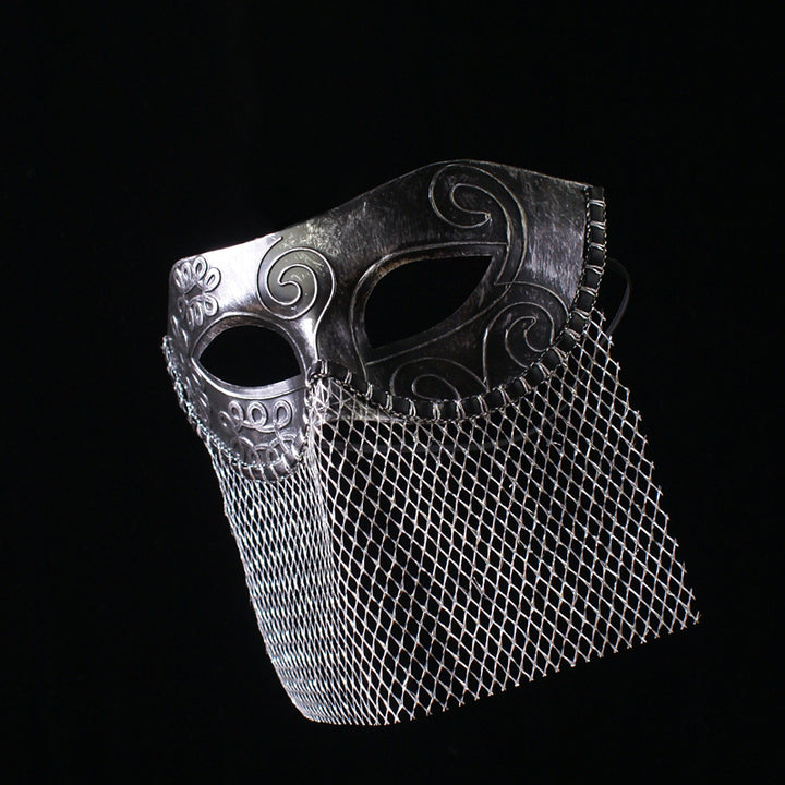 Vintgae-Inspired Medieval Silver Masquerade Mask – Masquerade Partymardi Gras Mask with Engraved Metal Design and Mesh Veil