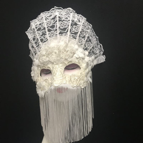 Victorian-Inspired Handmade White Lace Mask with Fringe Veil – Mardi Gras Mask for Masquerade Ball
