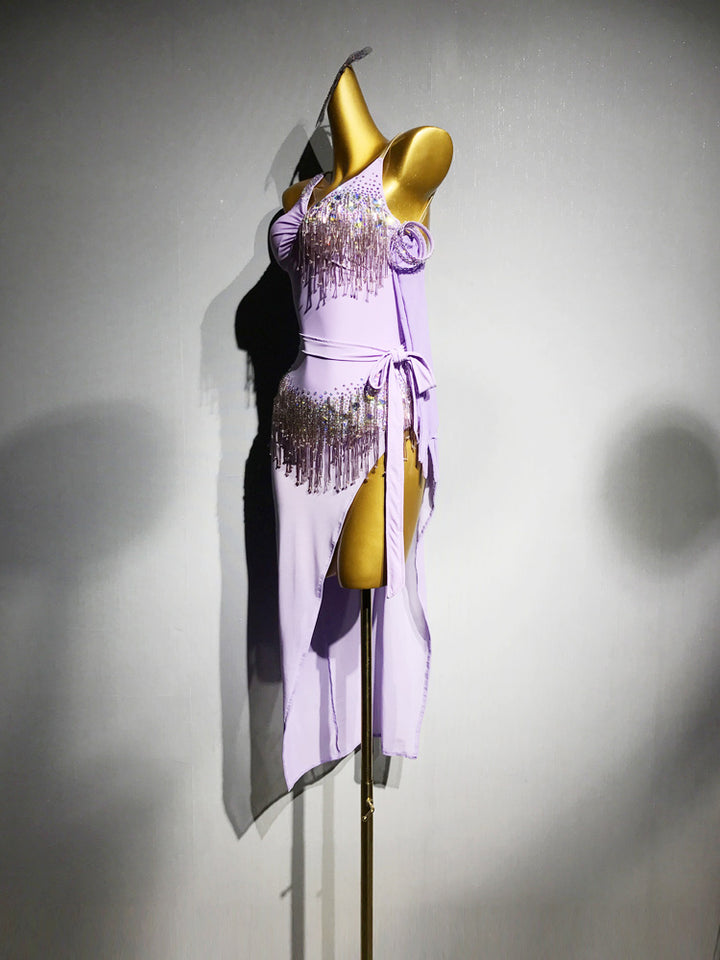 Purple Salsa Dance Dress Lilac Asymmetric Sequin Fringe with Spaghetti Straps – Latin Dance Costumes