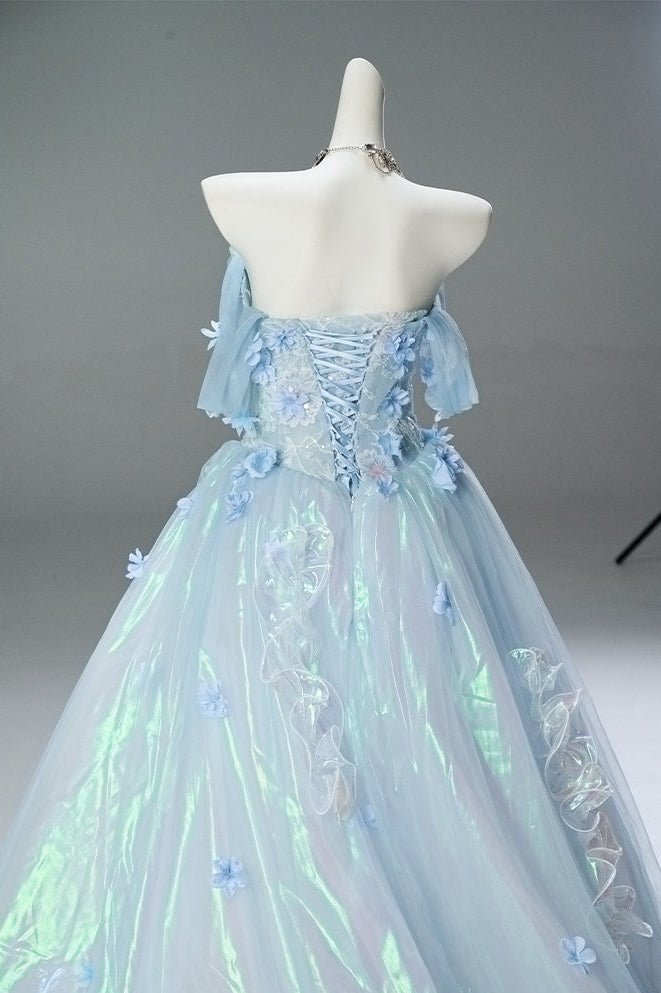 Light Blue Off-Shoulder Evening Gown with Floral Appliqué – Fairy Sparkle Evening Dress with Corset Back Plus Size