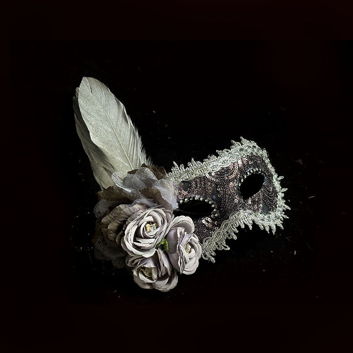 Vintage-Inspired Handmade Champagne Baroque Masquerade Mask – Lace Mask with Feathers and Sequin