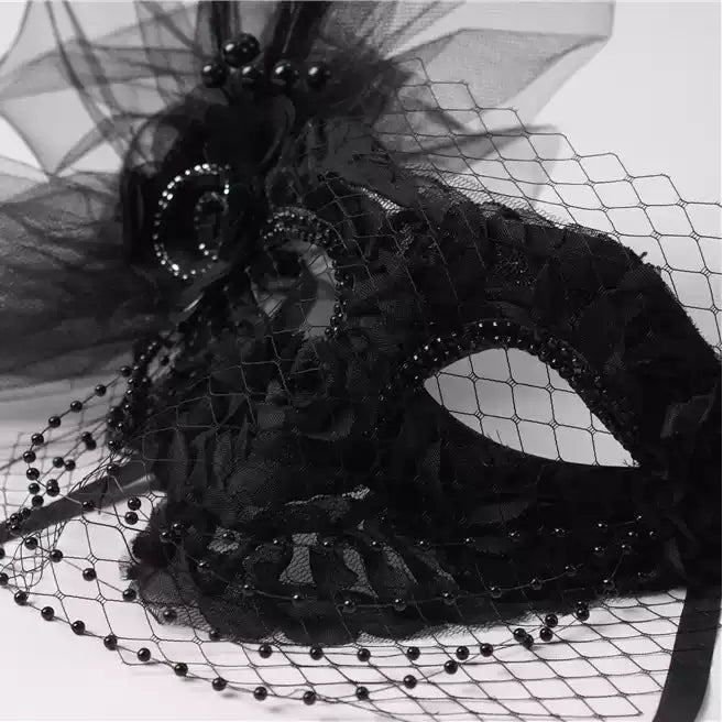 Handcrafted Gothic Black Mardi Gras Mask and Lace Masquerade Mask – Elegant Feather Mask with Veil