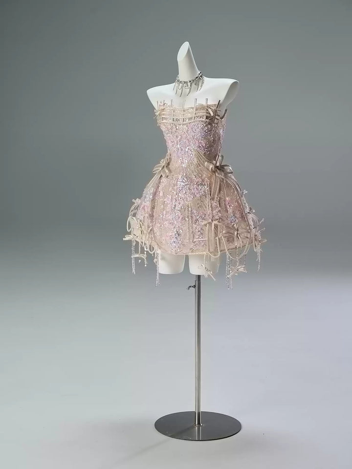 Blush Pink Strapless Mini Sequin Dress with Beaded Details – Sparkly Short Evening Dress with Corset Back Plus Size