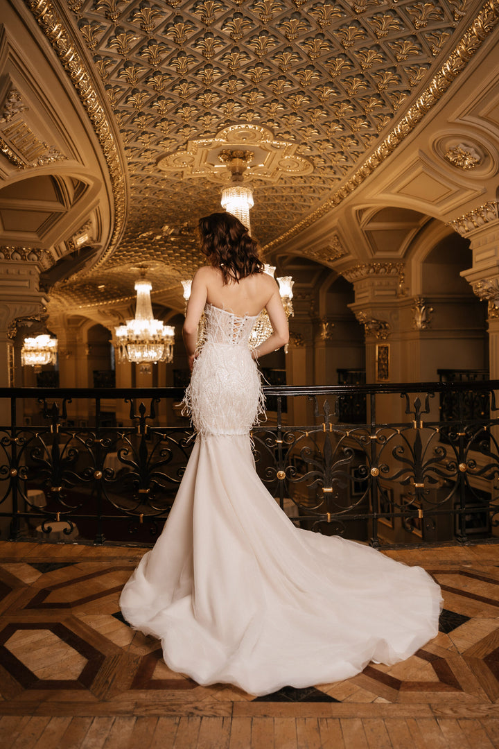 Ivory Convertible Wedding Dress with Feathers – Sequin Mermaid Wedding Dress with Train Plus Size – EMANUELA