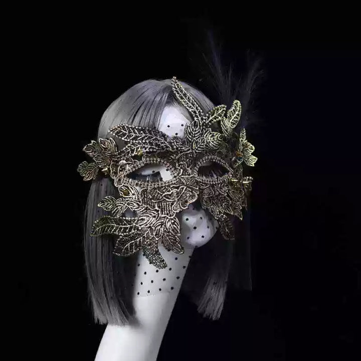 Vintage-Inspired Handmade Gold Masquerade Mask –  Venetian Feather Mask Masquerade with Lace