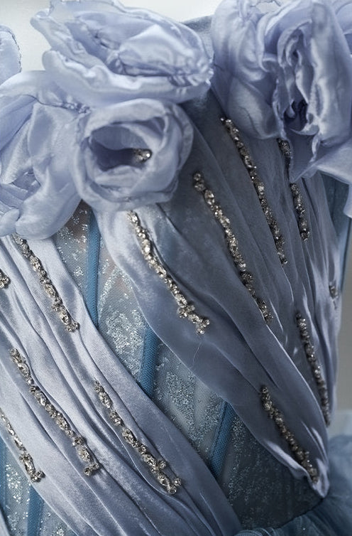 Dusty Blue Off-Shoulder Evening Gown with Floral Appliqué – Sequin Evening Dress with Tulle and Corset Back Plus Size