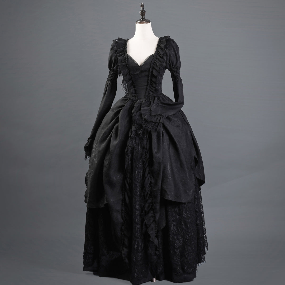 Victorian-Inspired Gothic Black Lace Ball Gown with Long Sleeves and Corset Back – Baroque-Inspired Mourning Dress Plus Size