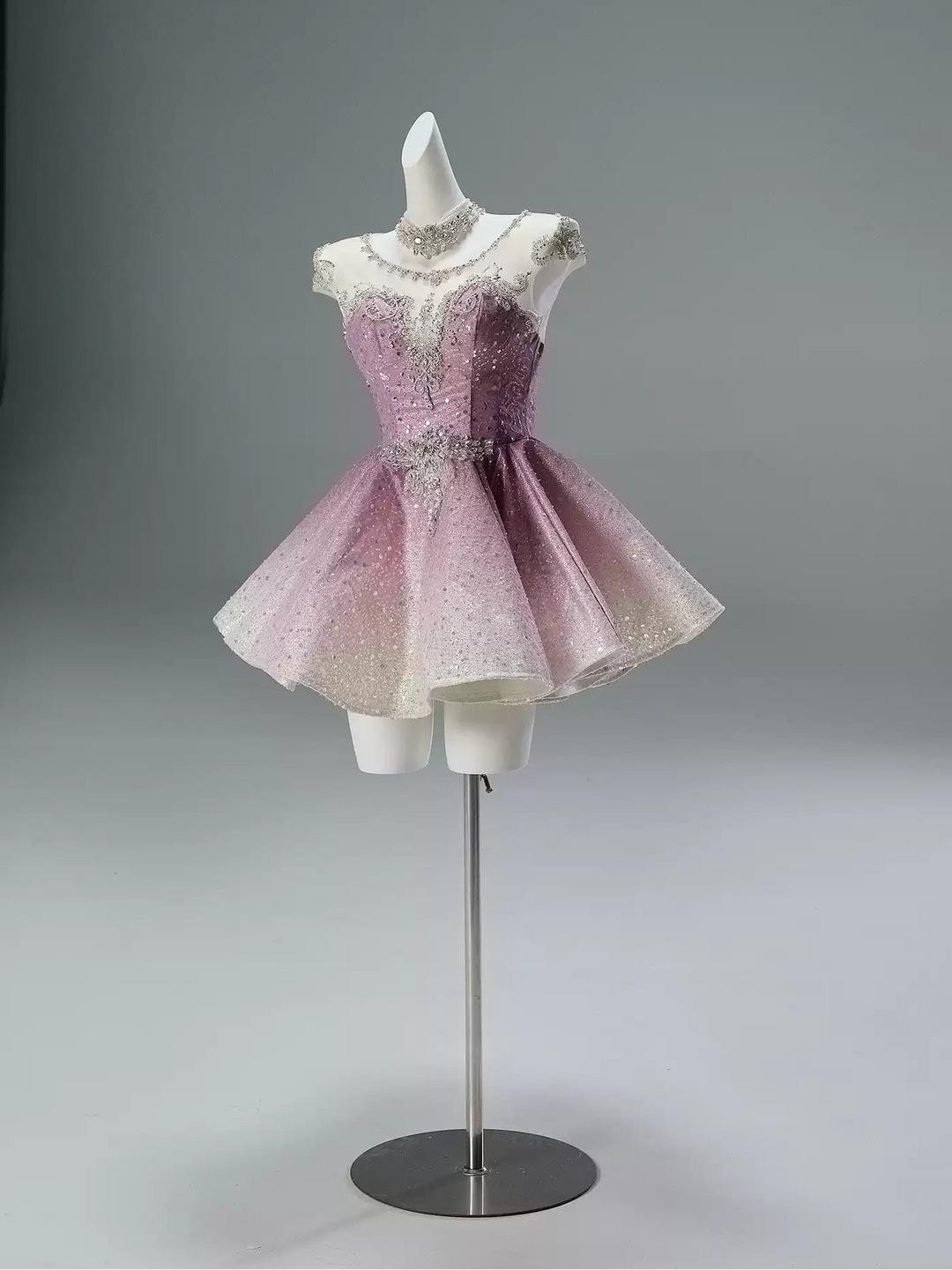 Dusty Rose Pink Short Glitter Dress with Illusion Neckline – Sparkly Sequin Evening Dress with Corset Back Plus Size