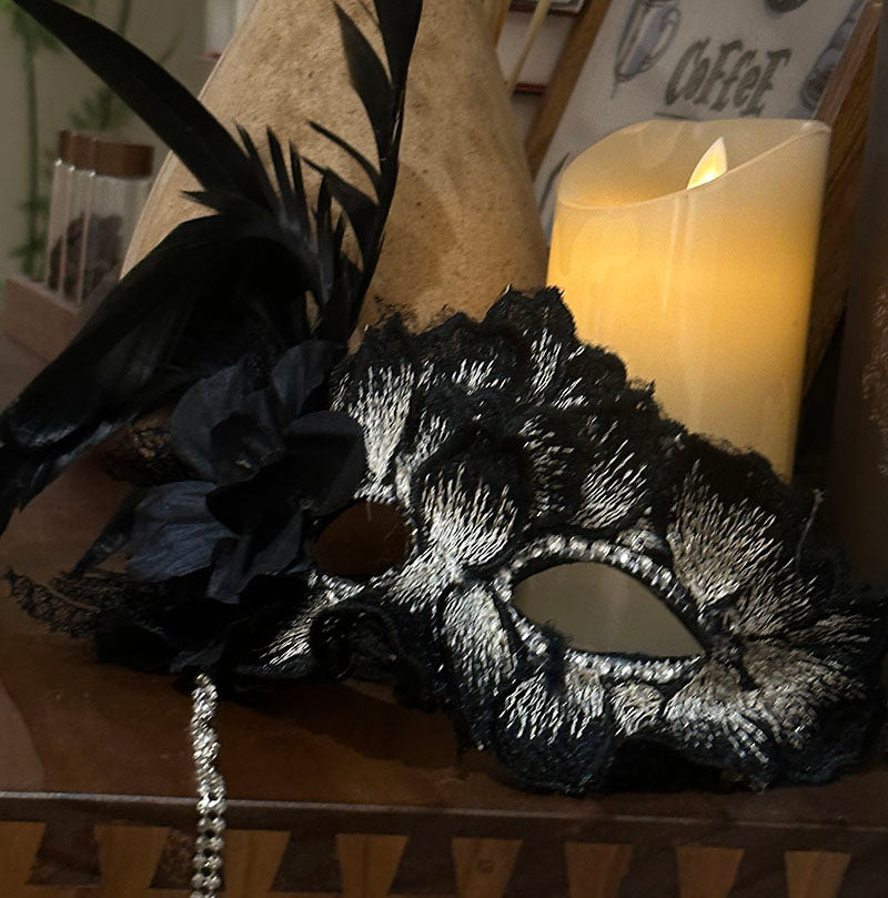Handcrafted Gothic Black Feather Mask and Prom Mask with Lace Fringe – Elegant Mardi Gras Mask for Masquerade