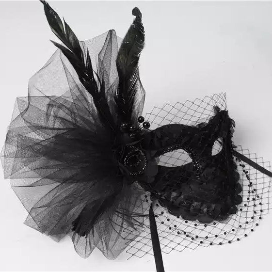 Handcrafted Gothic Black Mardi Gras Mask and Lace Masquerade Mask – Elegant Feather Mask with Veil