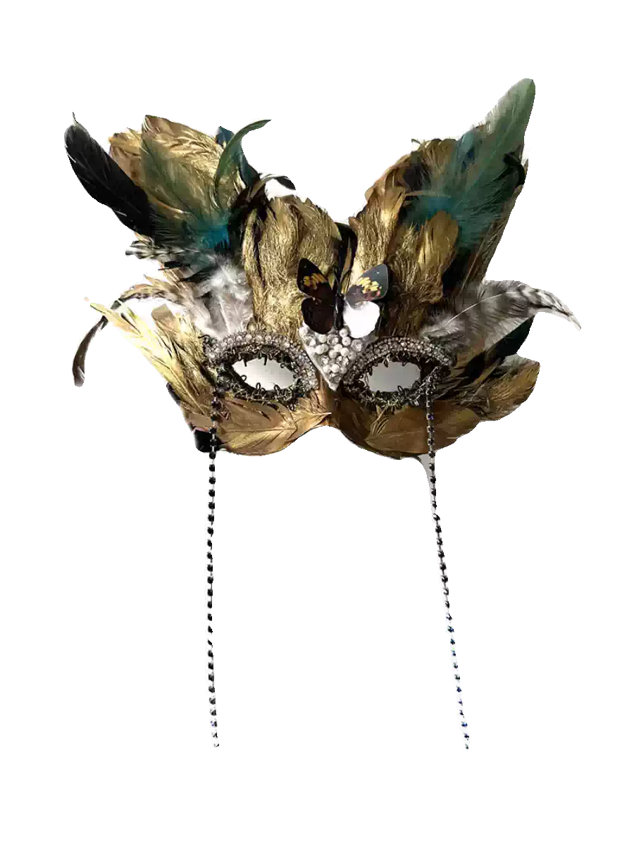 Vintage-Inspired Handcrafted Venetian Gold Feather Mask – Gothic Peacock Masquerade Ball Face Mask with Pearls and Crystals