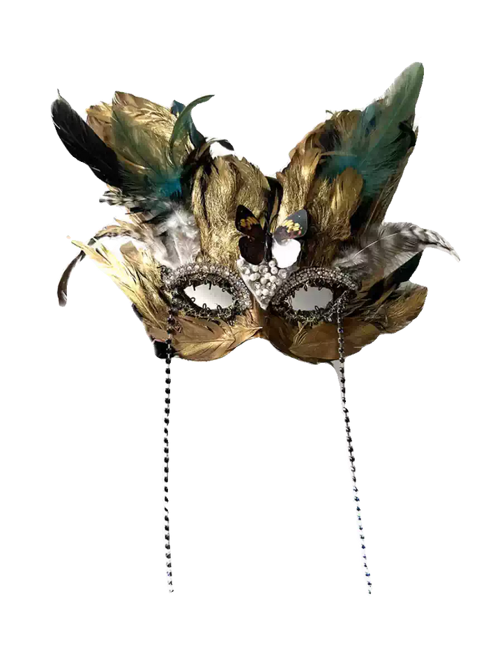 Vintage-Inspired Handcrafted Venetian Gold Feather Mask – Gothic Peacock Masquerade Ball Face Mask with Pearls and Crystals
