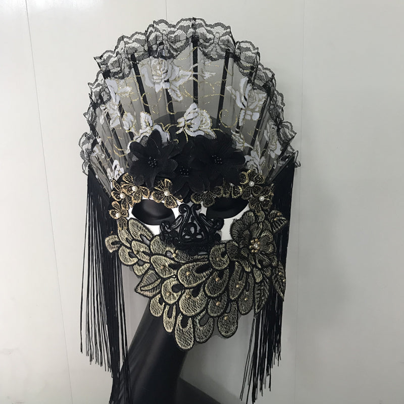 Victorian-Inspired Handmade Gothic Black and Gold Lace Face Mask with Fan Design – Elegant Mardi Gras Mask for Masquerade
