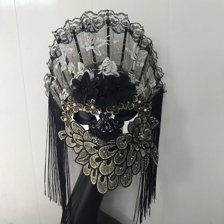 Victorian-Inspired Handmade Gothic Black and Gold Lace Face Mask with Fan Design – Elegant Mardi Gras Mask for Masquerade