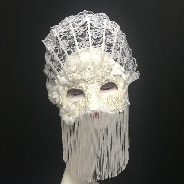 Victorian-Inspired Handmade White Lace Mask with Fringe Veil – Mardi Gras Mask for Masquerade Ball
